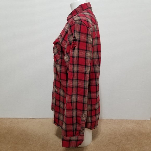 Forever 21 Men shirt Large distressed flannel button up plaid ripped torn grunge - Picture 2 of 15